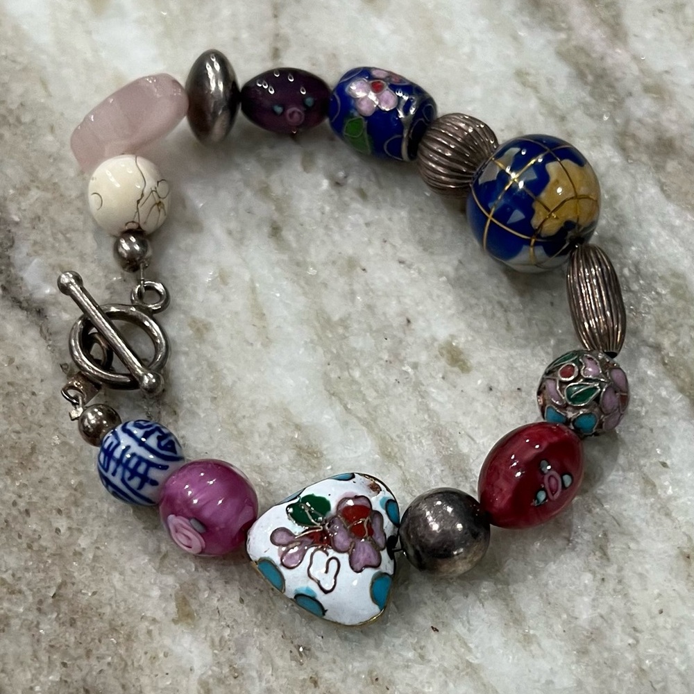 Sterling Silver stone and glass Bead Bracelet